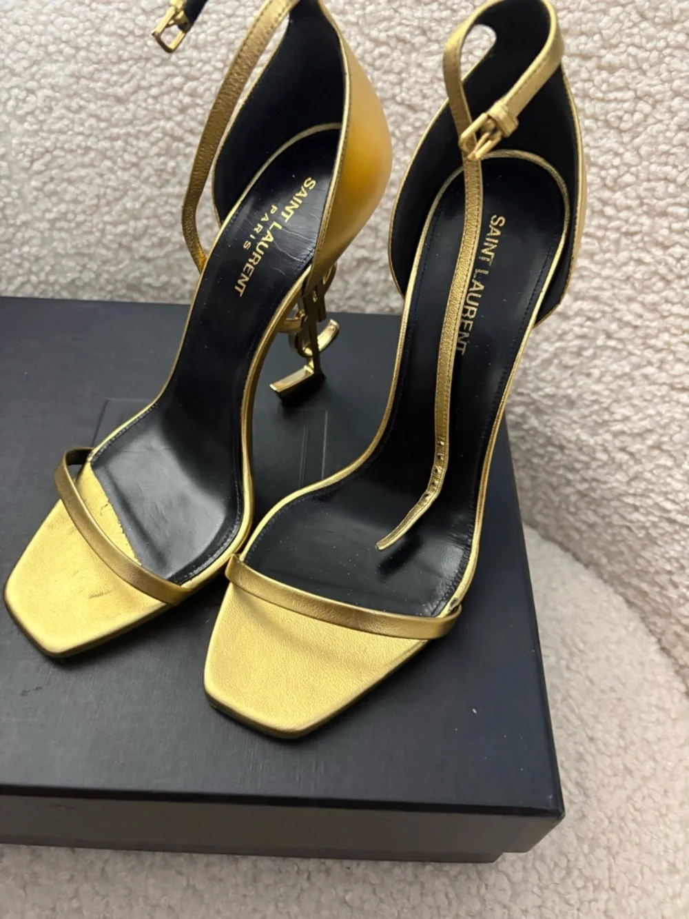 Saint Laurent Metallic Gold Logo-Heel Ankle-Strap Sandals - Picture 6 of 8